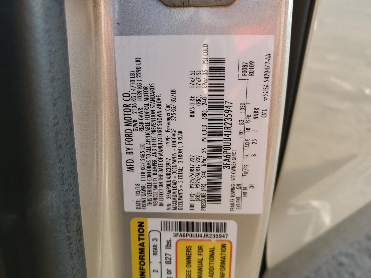 3FA6P0UU4JR235947 FORD FUSION 2018