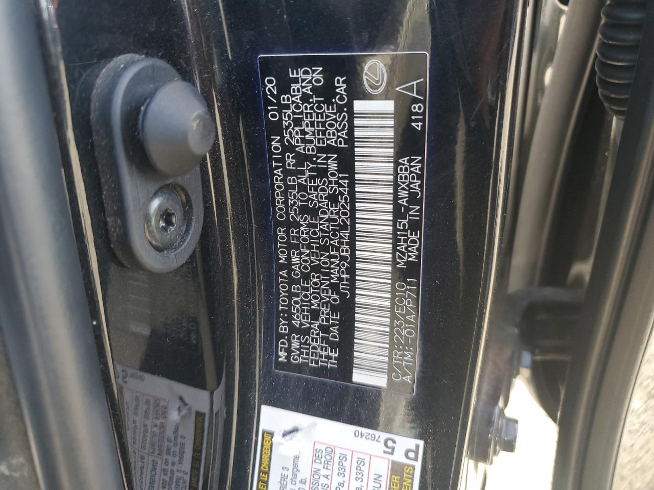 2020 Lexus Ux 250H VIN: JTHP9JBH4L2025441 Lot: 48759045