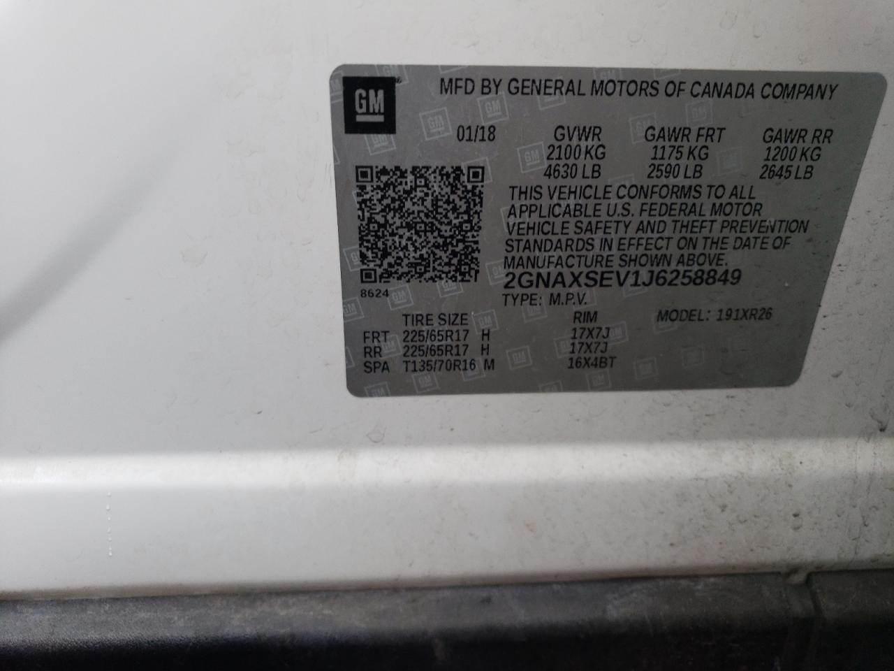 2GNAXSEV1J6258849 CHEVROLET EQUINOX 2018