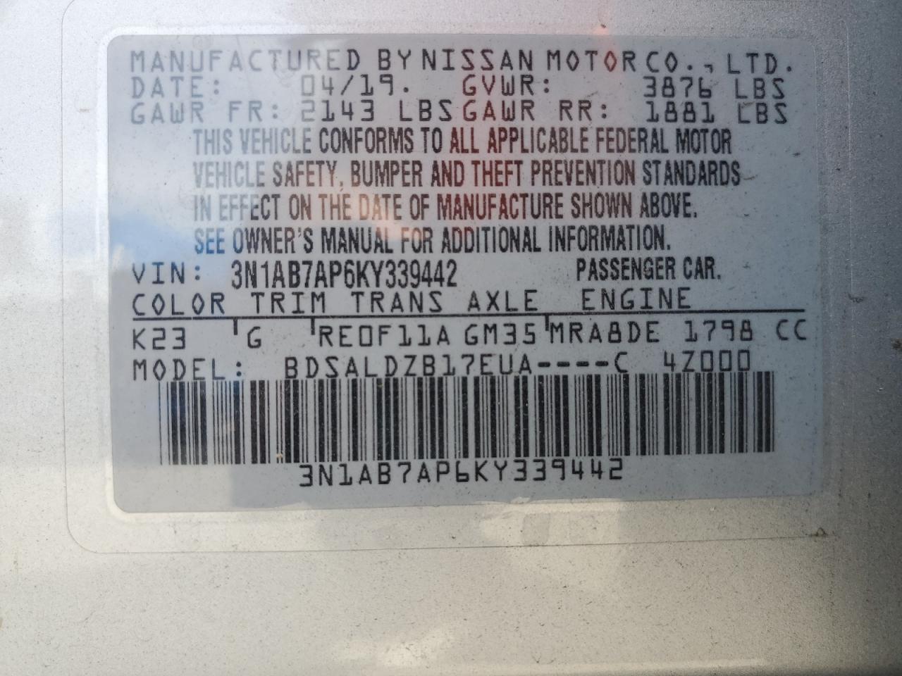 3N1AB7AP6KY339442 NISSAN SENTRA 2019