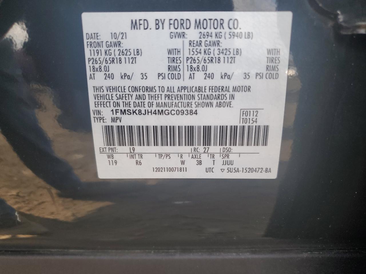1FMSK8JH4MGC09384 FORD EXPLORER 2021