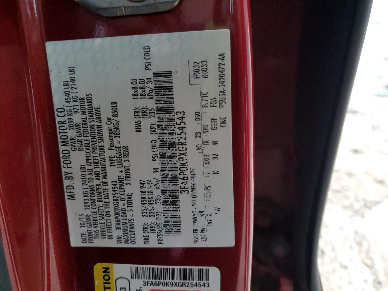 3FA6P0K9XGR254543 FORD FUSION 2016