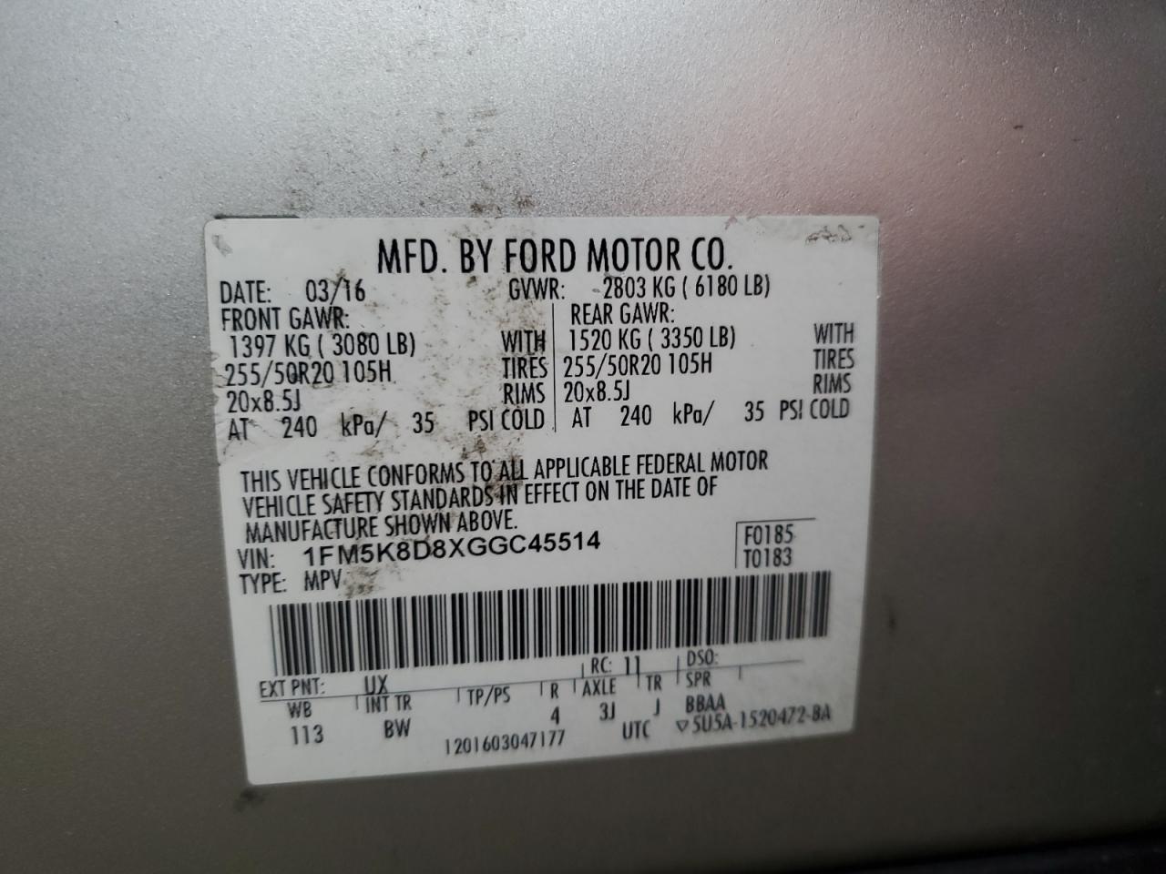 1FM5K8D8XGGC45514 FORD EXPLORER 2016