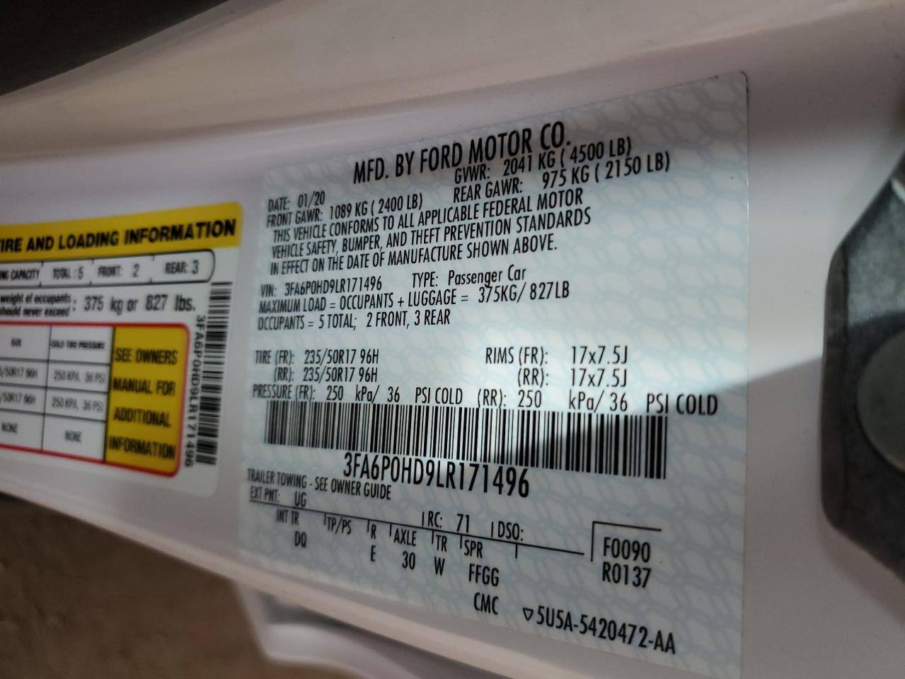 3FA6P0HD9LR171496 FORD FUSION 2020