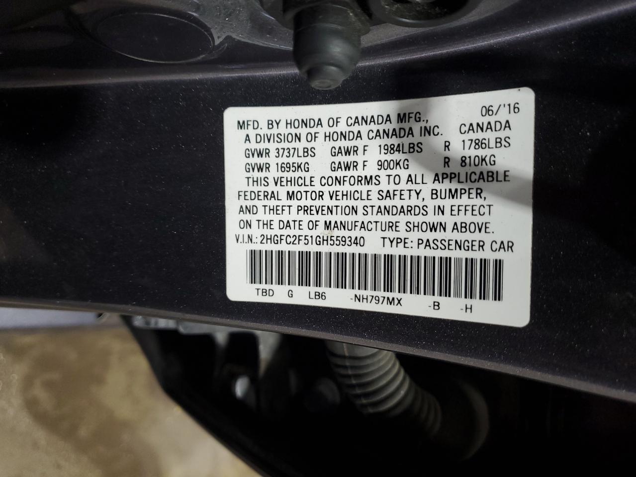 2HGFC2F51GH559340 HONDA CIVIC 2016