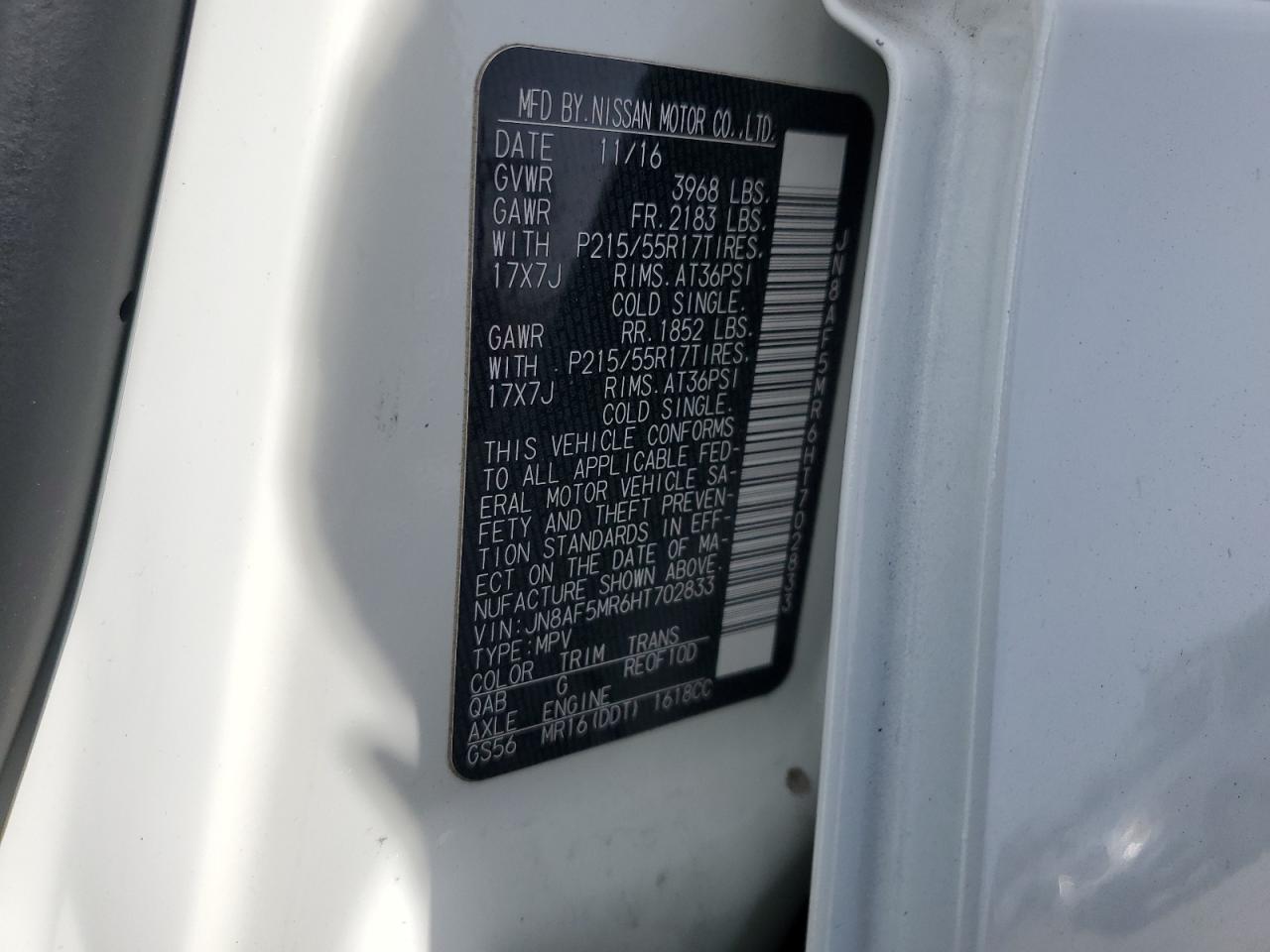 JN8AF5MR6HT702833 NISSAN JUKE 2017
