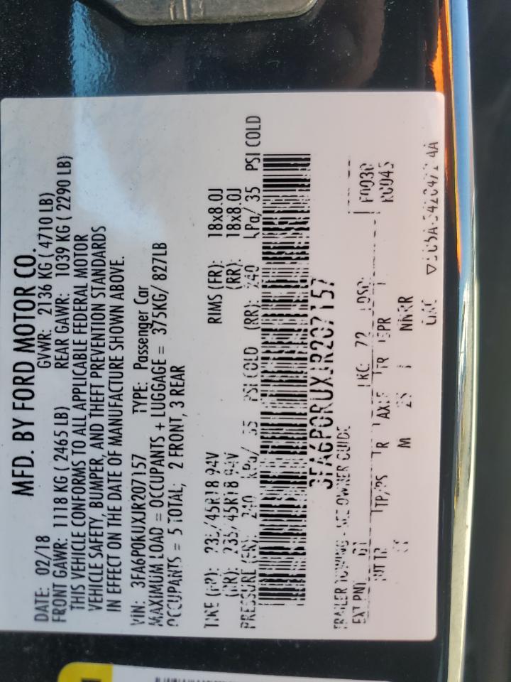 3FA6P0RUXJR207157 FORD FUSION 2018