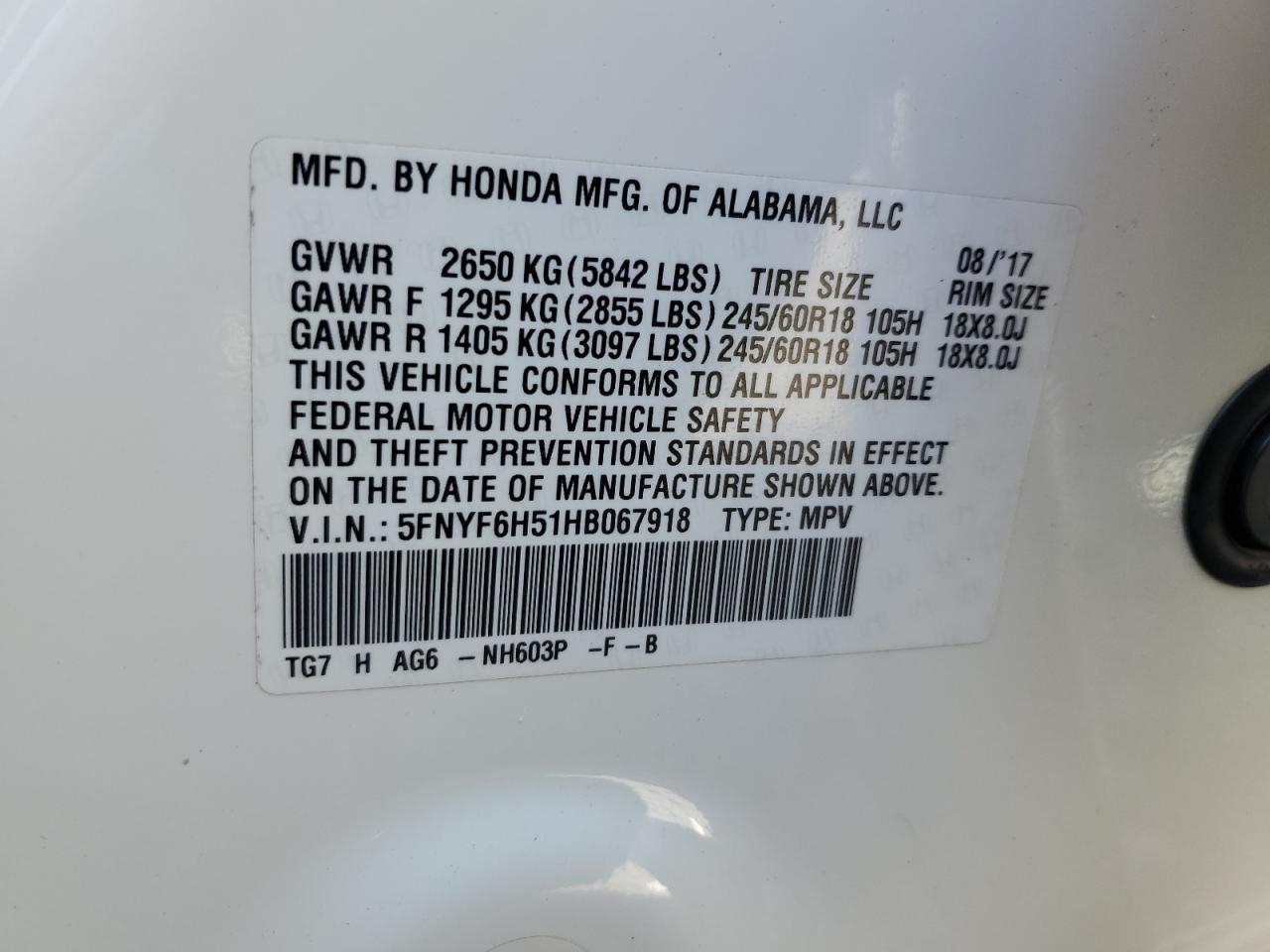 5FNYF6H51HB067918 HONDA PILOT 2017