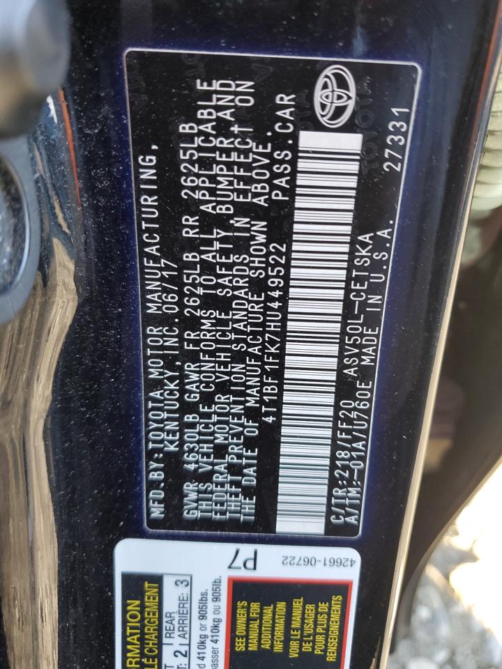 4T1BF1FK7HU449522 TOYOTA CAMRY 2017