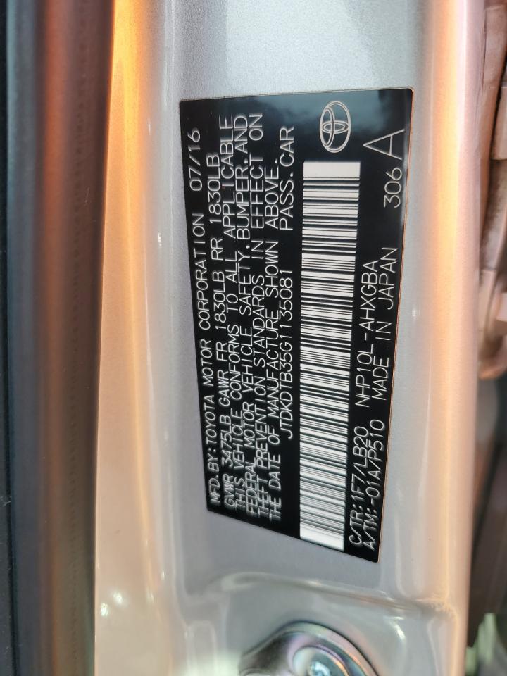 JTDKDTB35G1135081 TOYOTA PRIUS 2016