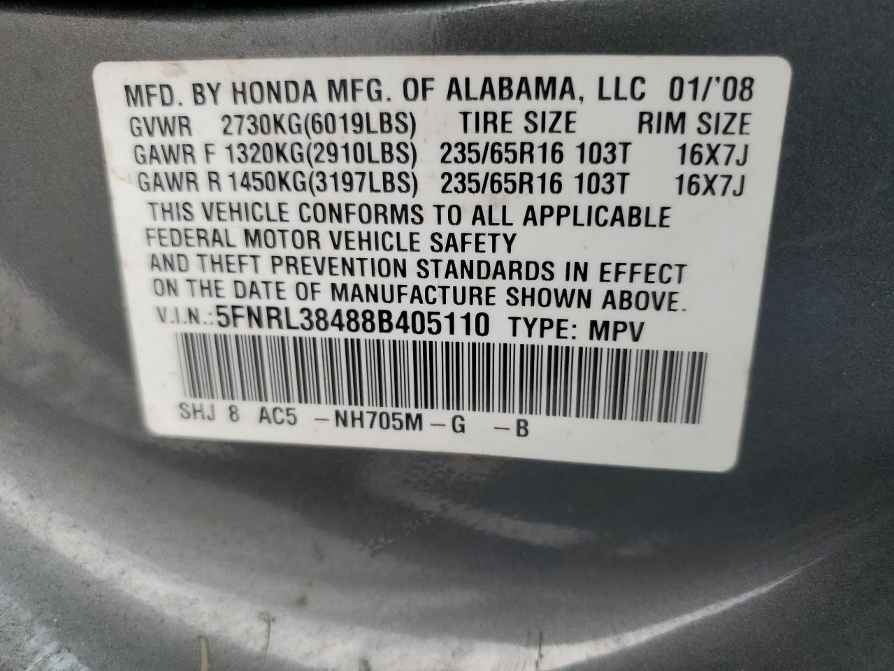 2008 Honda Odyssey Ex VIN: 5FNRL38488B405110 Lot: 49441635