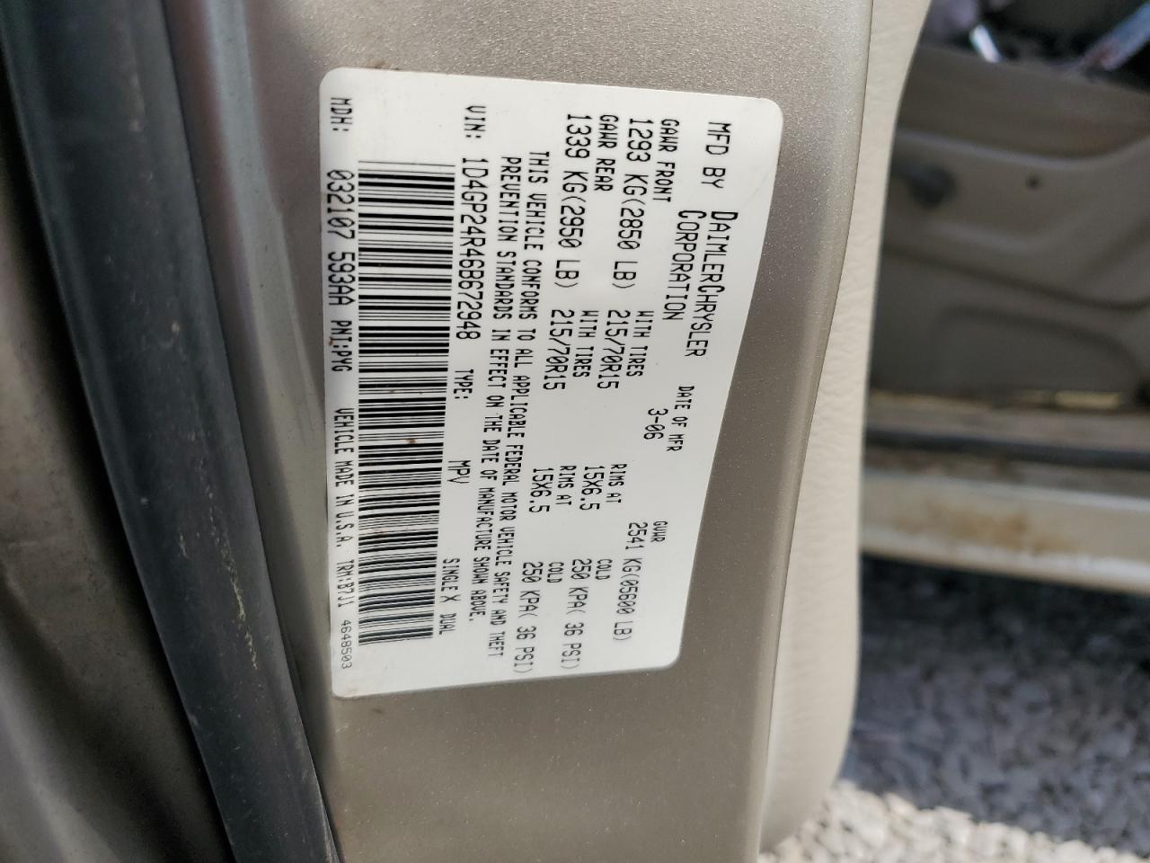 2006 Dodge Grand Caravan Se VIN: 1D4GP24R46B672948 Lot: 50999325