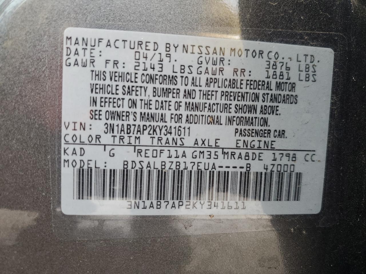 3N1AB7AP2KY341611 NISSAN SENTRA 2019