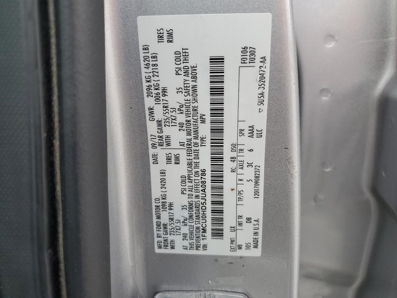 1FMCU0HD5JUA08786 FORD ESCAPE 2018