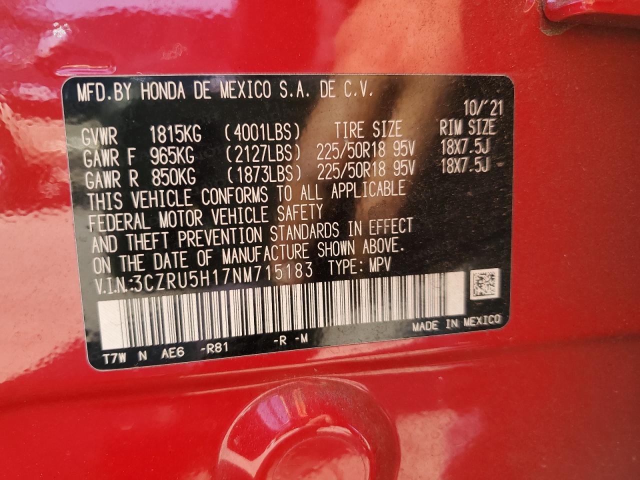 3CZRU5H17NM715183 HONDA HR-V 2022