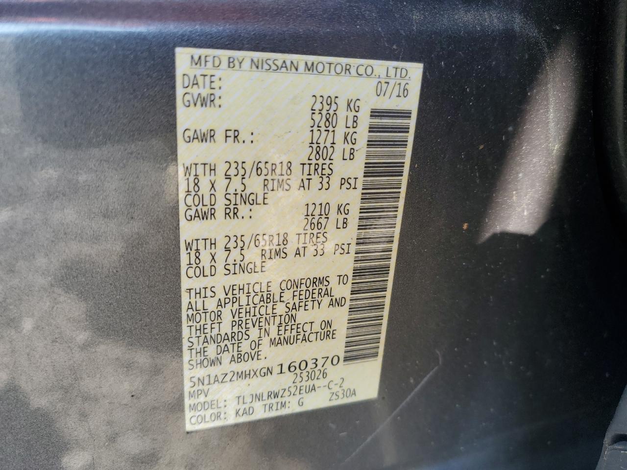 5N1AZ2MHXGN160370 NISSAN MURANO 2016