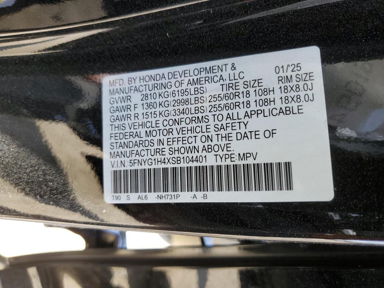 5FNYG1H4XSB104401 HONDA PILOT 2025