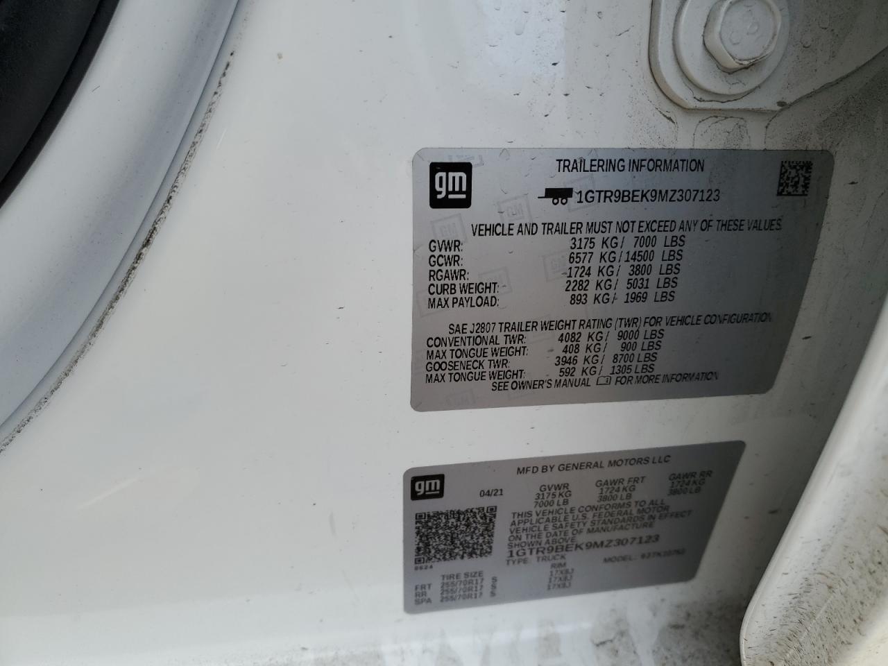 2021 GMC Sierra K1500 Sle VIN: 1GTR9BEK9MZ307123 Lot: 48255985
