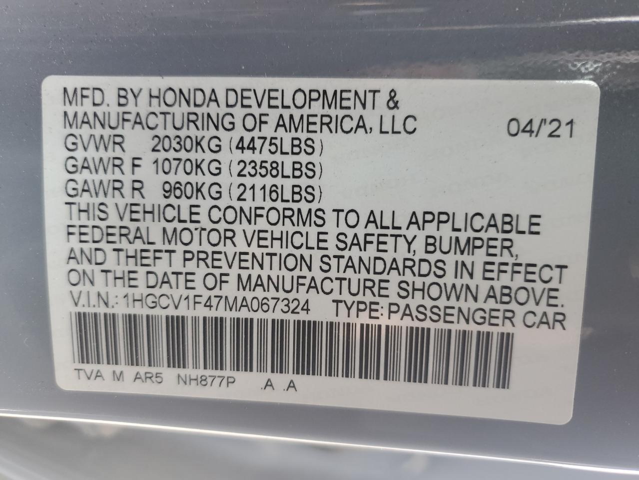 1HGCV1F47MA067324 HONDA ACCORD 2021
