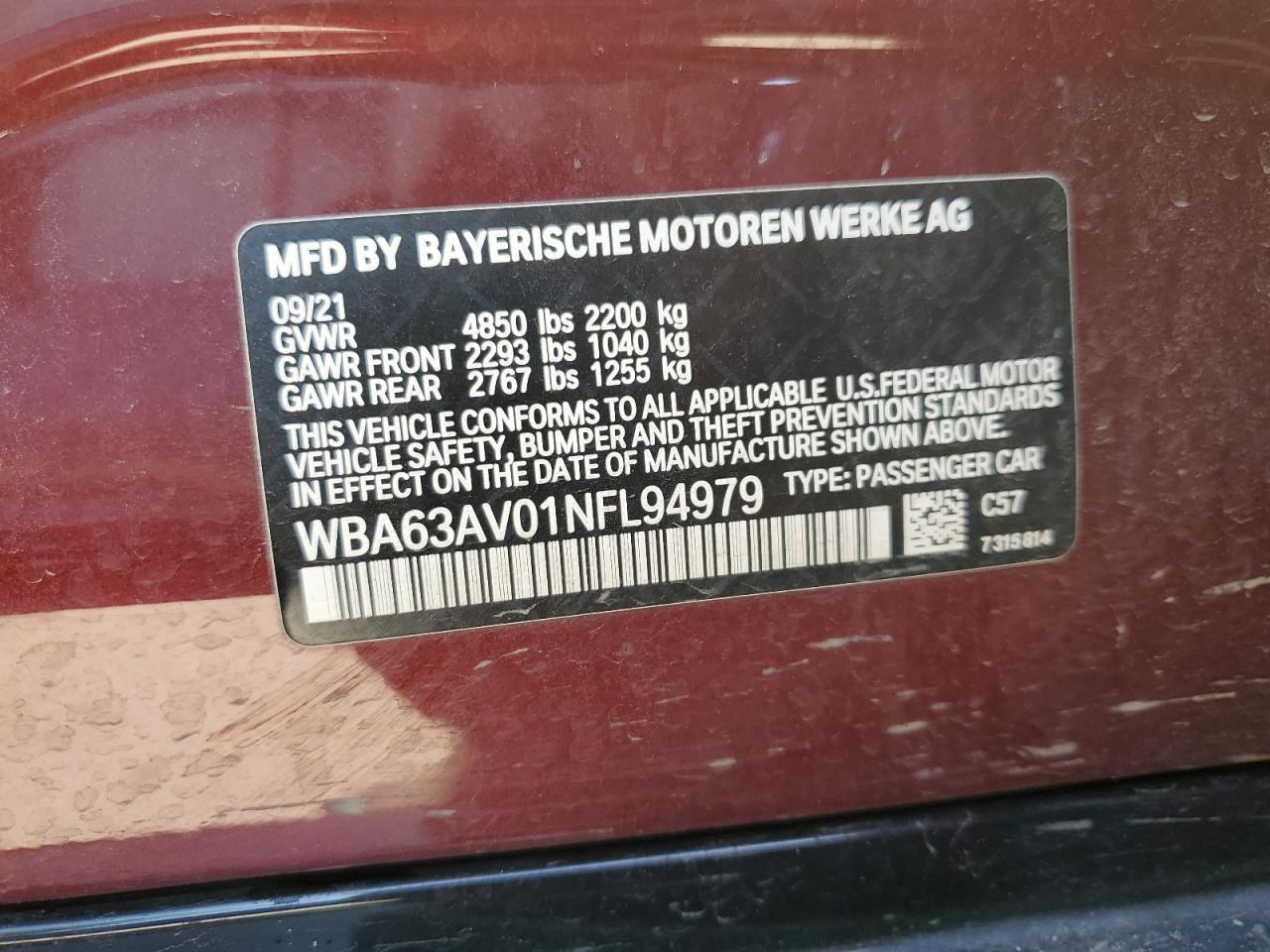 2022 BMW 430I Gran Coupe VIN: WBA63AV01NFL94979 Lot: 50218815