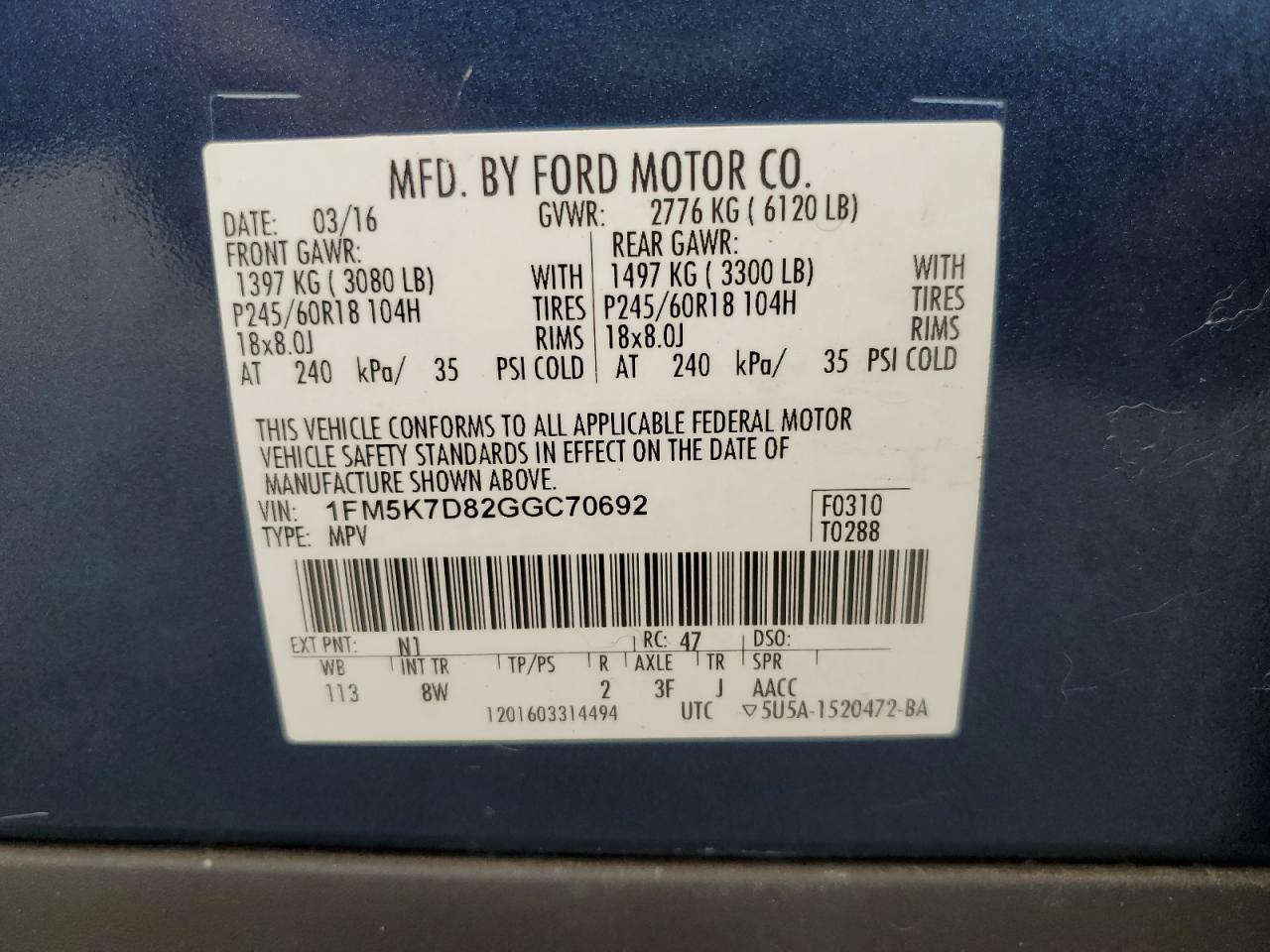 1FM5K7D82GGC70692 FORD EXPLORER 2016