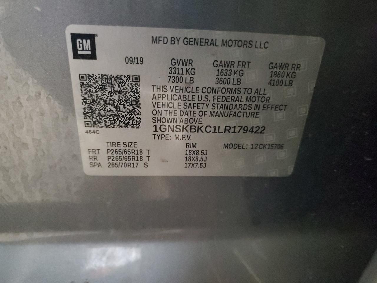 1GNSKBKC1LR179422 CHEVROLET TAHOE 2020