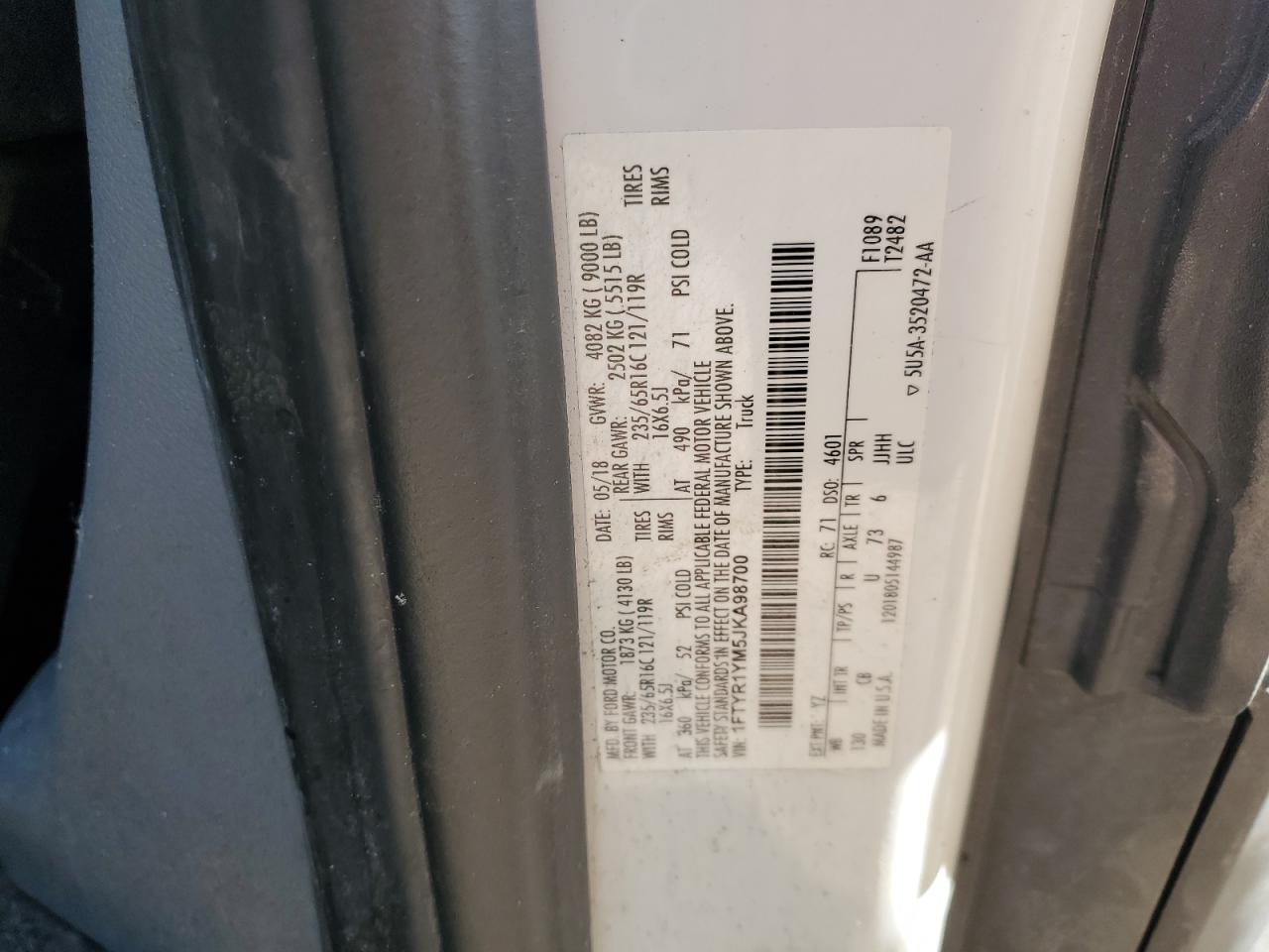 1FTYR1YM5JKA98700 FORD TRANSIT 2018