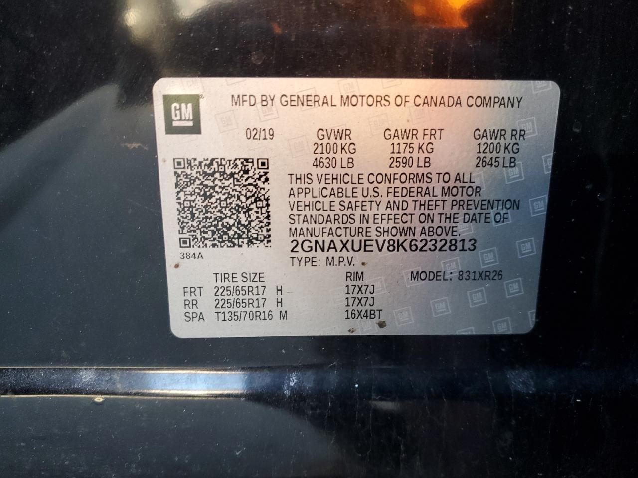 2GNAXUEV8K6232813 CHEVROLET EQUINOX 2019
