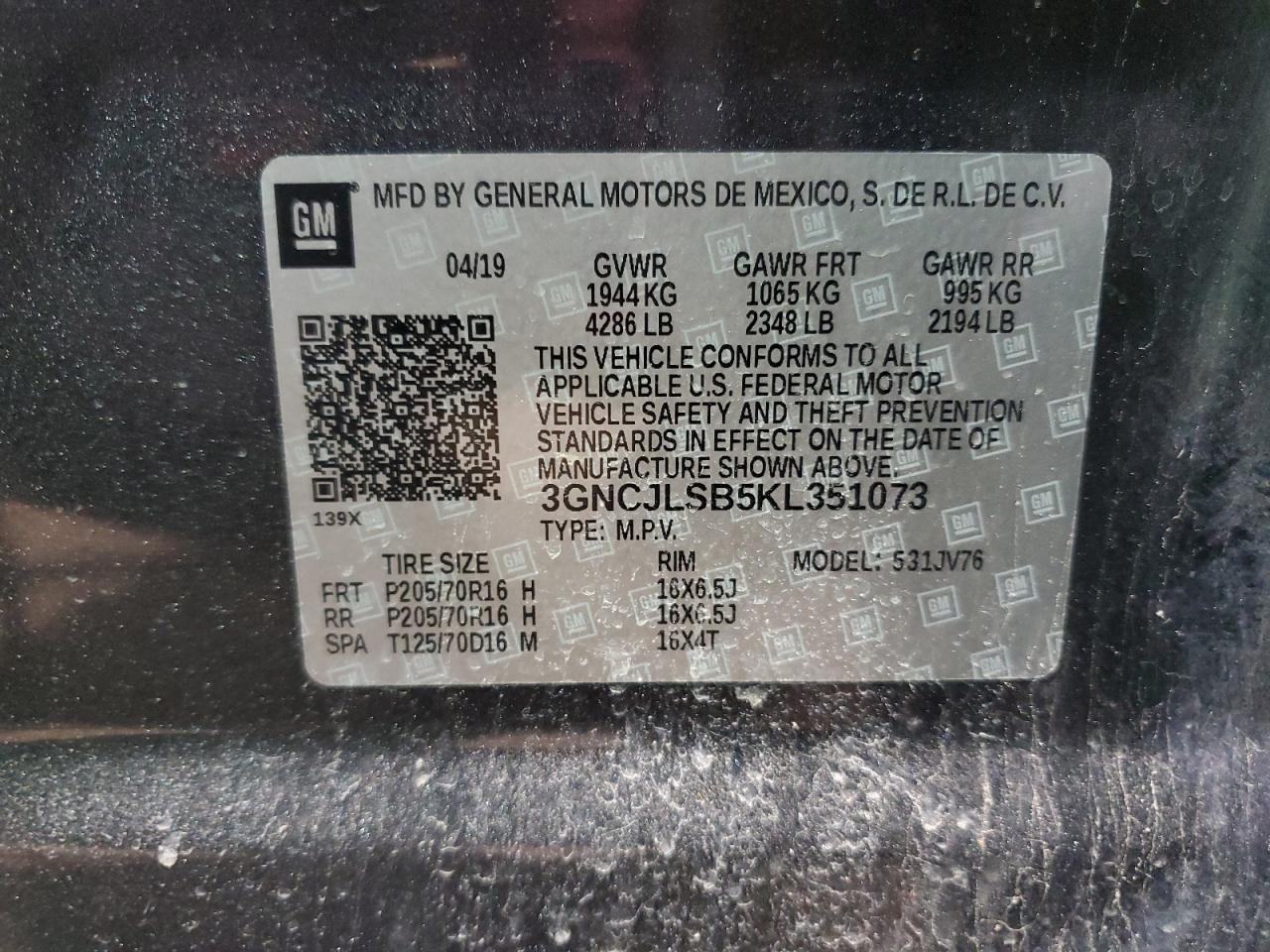 2019 Chevrolet Trax 1Lt VIN: 3GNCJLSB5KL351073 Lot: 49867395