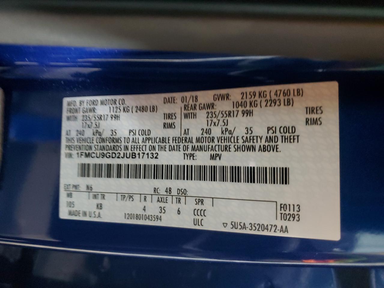 1FMCU9GD2JUB17132 FORD ESCAPE 2018