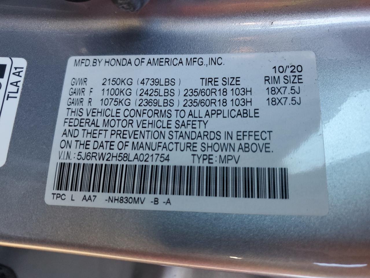 5J6RW2H58LA021754 HONDA CRV 2020