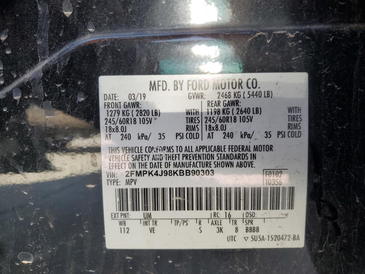 2FMPK4J98KBB90303 FORD EDGE 2019