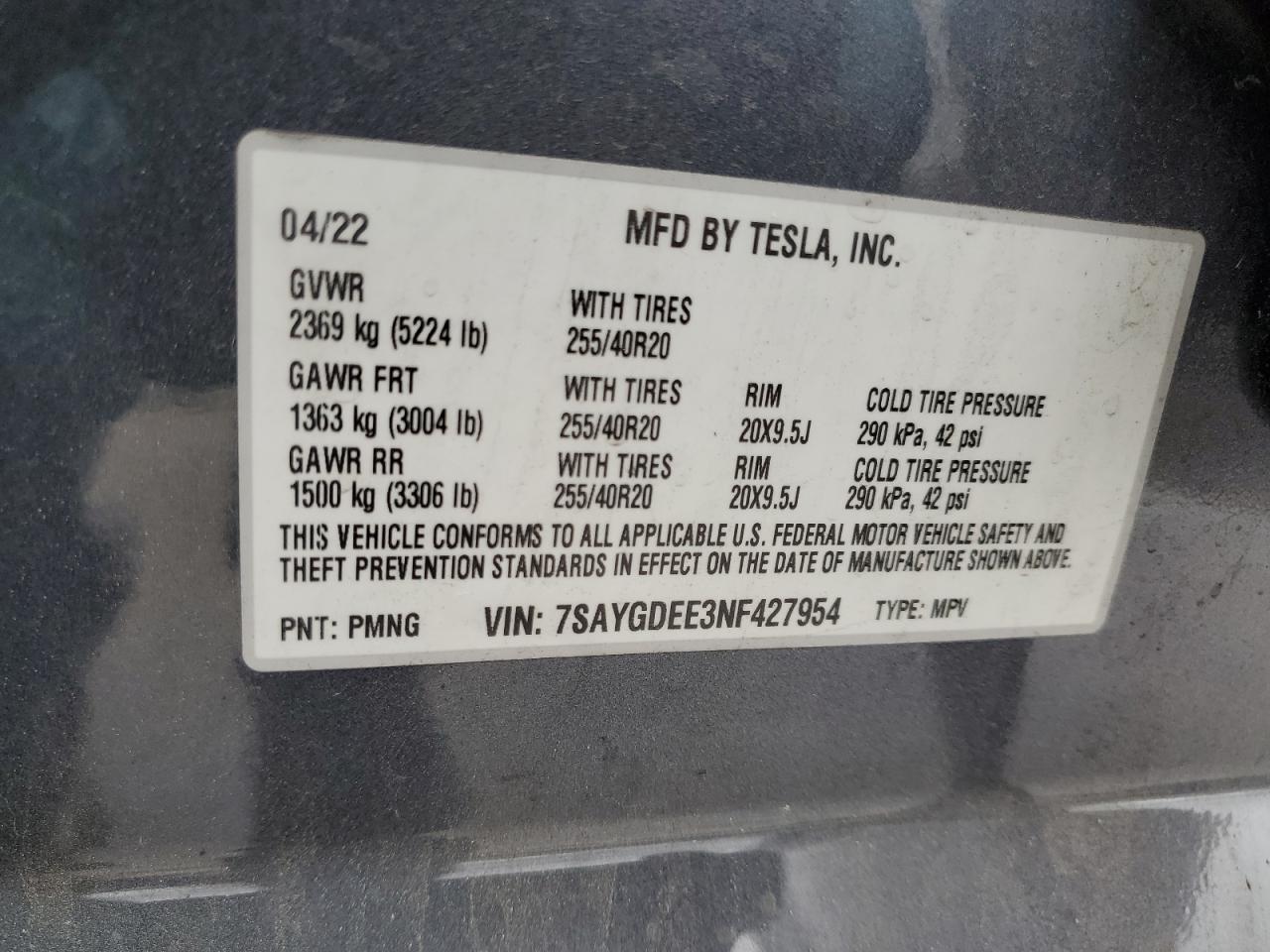 2022 Tesla Model Y VIN: 7SAYGDEE3NF427954 Lot: 46634285