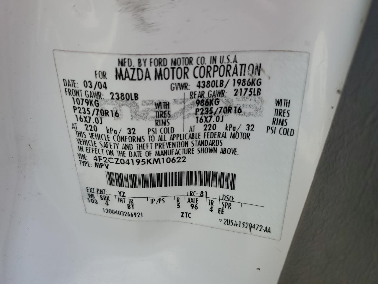 2005 Mazda Tribute S VIN: 4F2CZ04195KM10622 Lot: 84551455