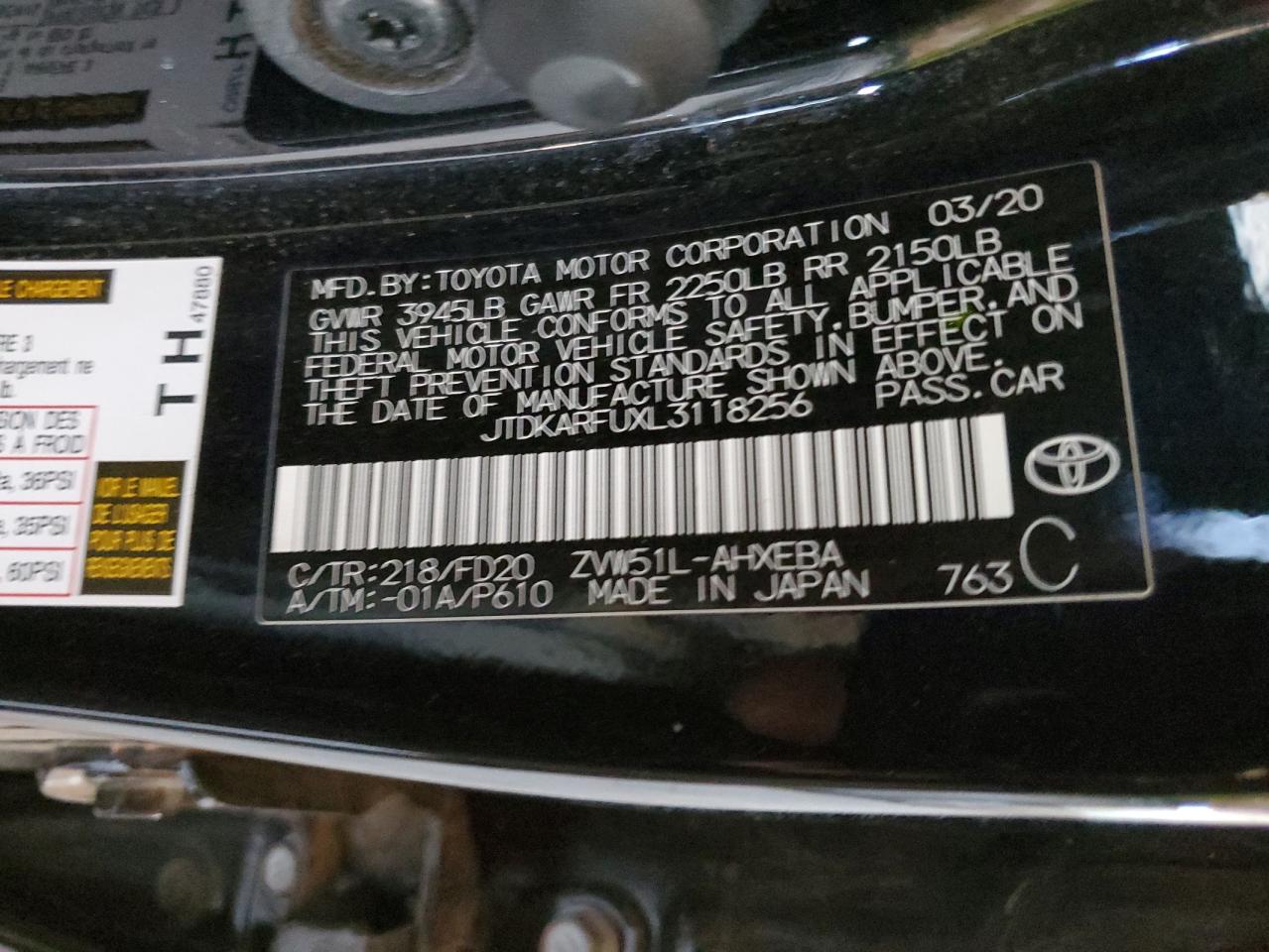 JTDKARFUXL3118256 TOYOTA PRIUS 2020