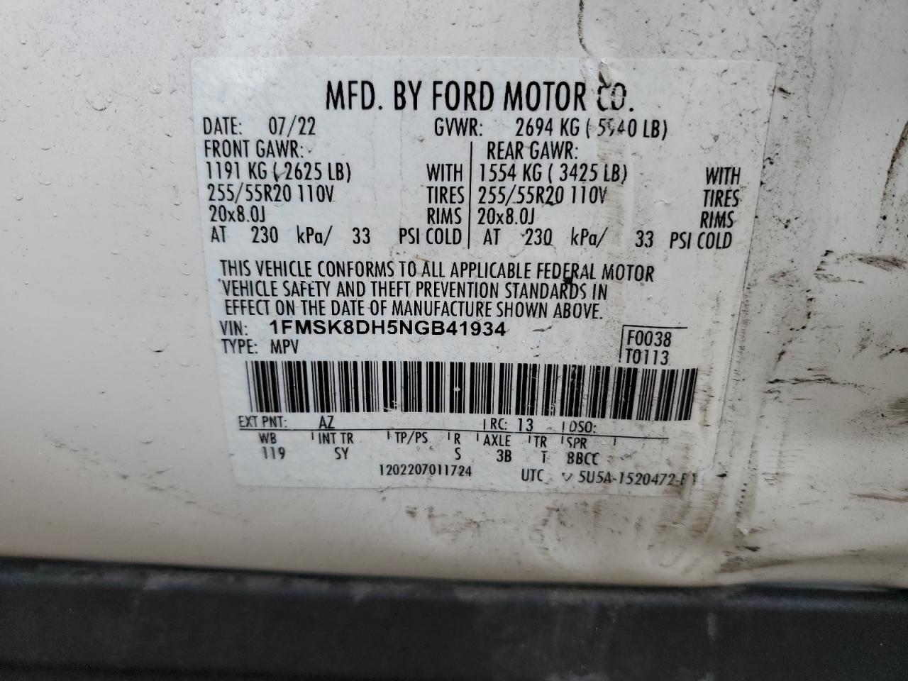 1FMSK8DH5NGB41934 FORD EXPLORER 2022