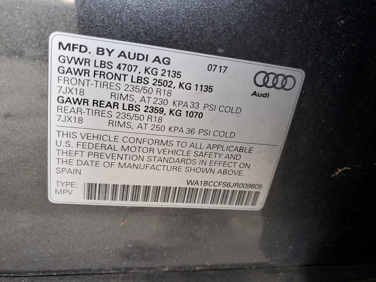 2018 Audi Q3 Premium VIN: WA1BCCFS6JR009805 Lot: 50938585