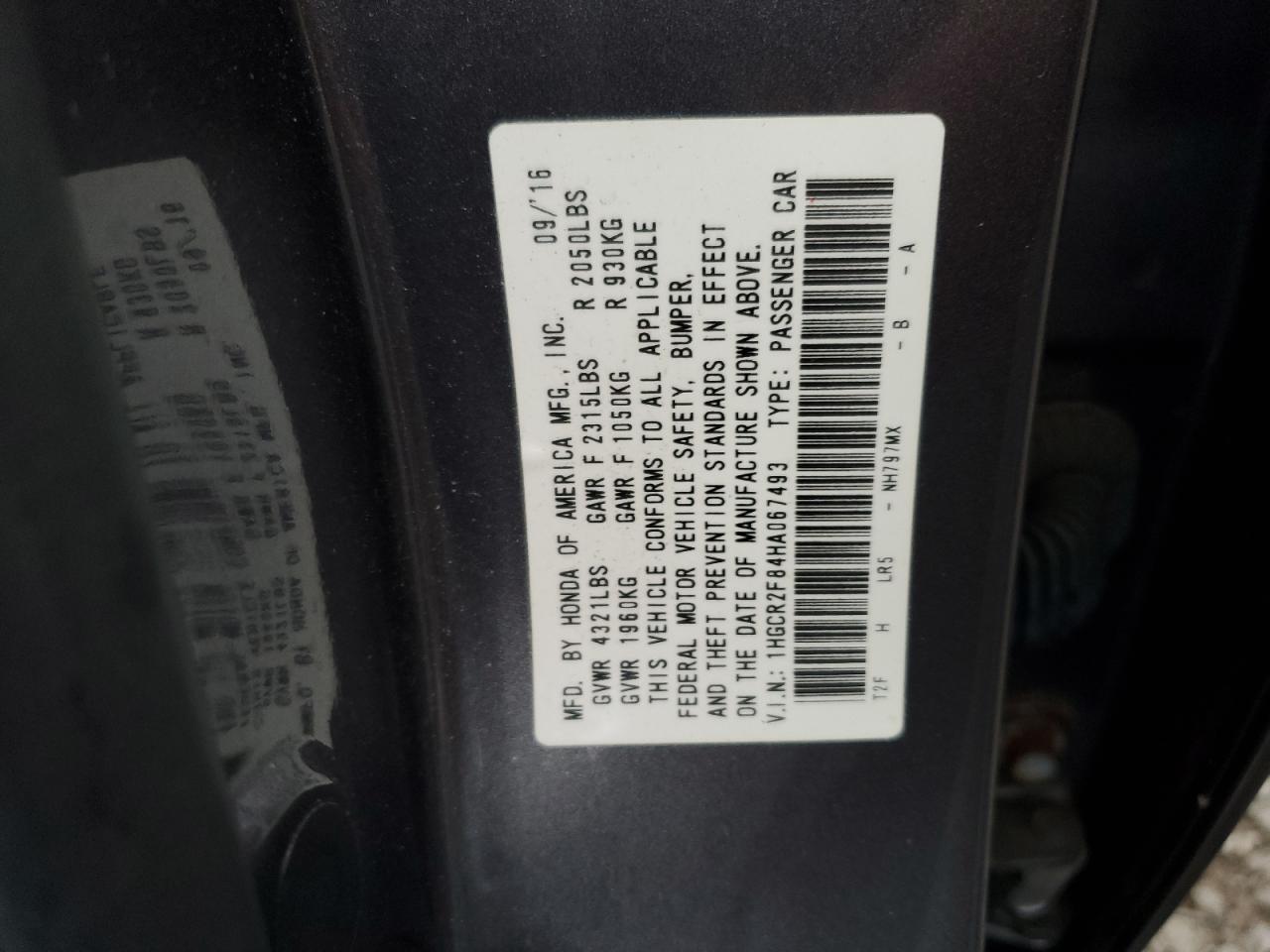 1HGCR2F84HA067493 HONDA ACCORD 2017