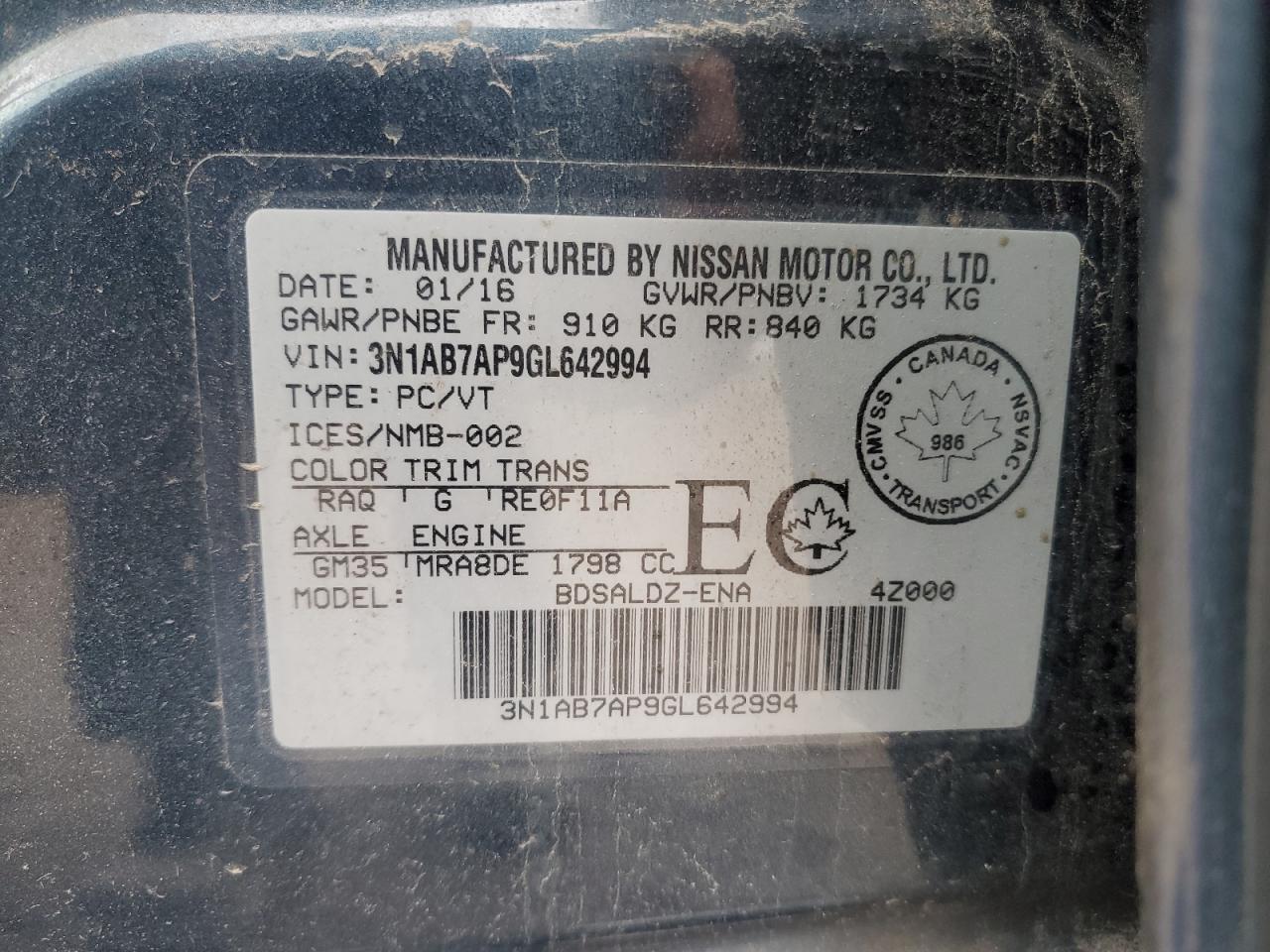 3N1AB7AP9GL642994 NISSAN SENTRA 2016