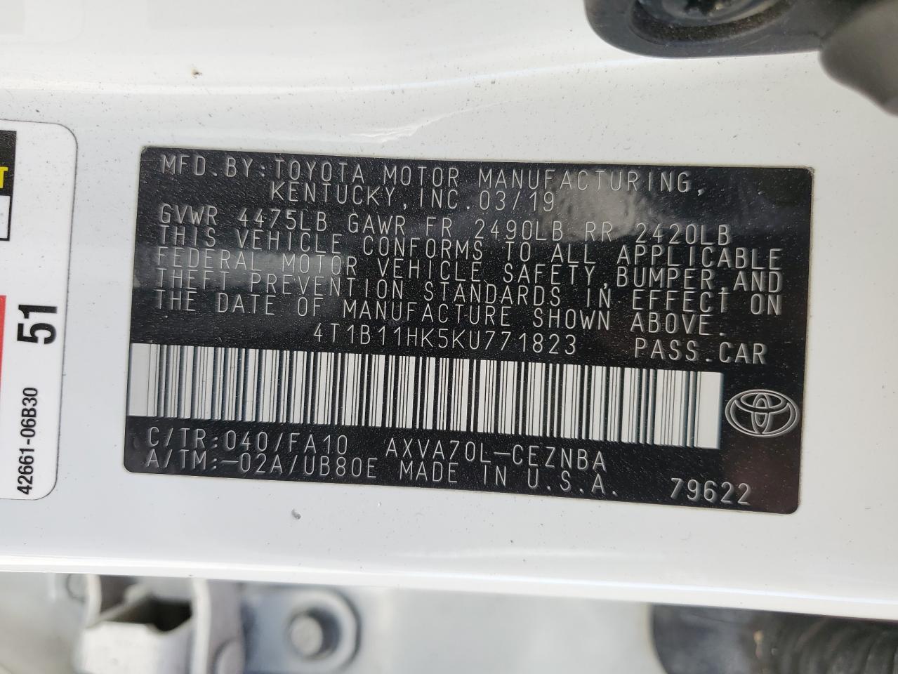 4T1B11HK5KU771823 TOYOTA CAMRY 2019