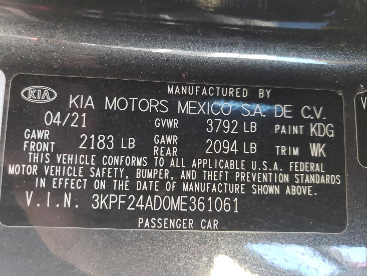 2021 Kia Forte Fe VIN: 3KPF24AD0ME361061 Lot: 49776185