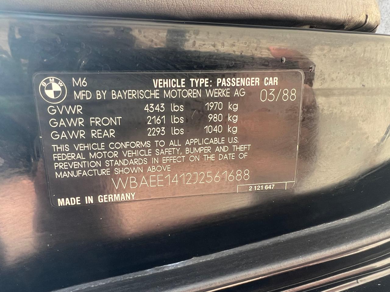 1988 BMW M6 VIN: WBAEE1412J2561688 Lot: 48437465