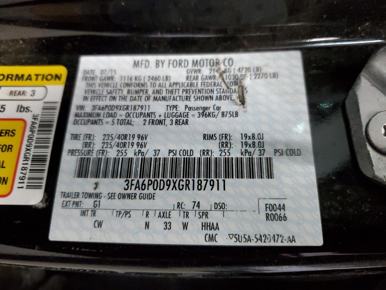 3FA6P0D9XGR187911 FORD FUSION 2016