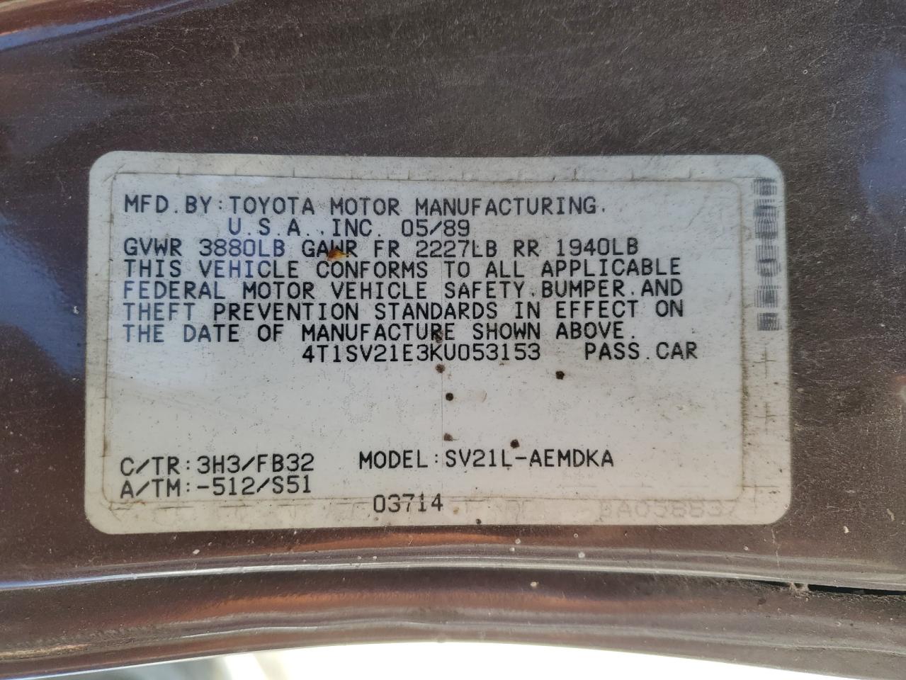 1989 Toyota Camry Dlx VIN: 4T1SV21E3KU053153 Lot: 49917485