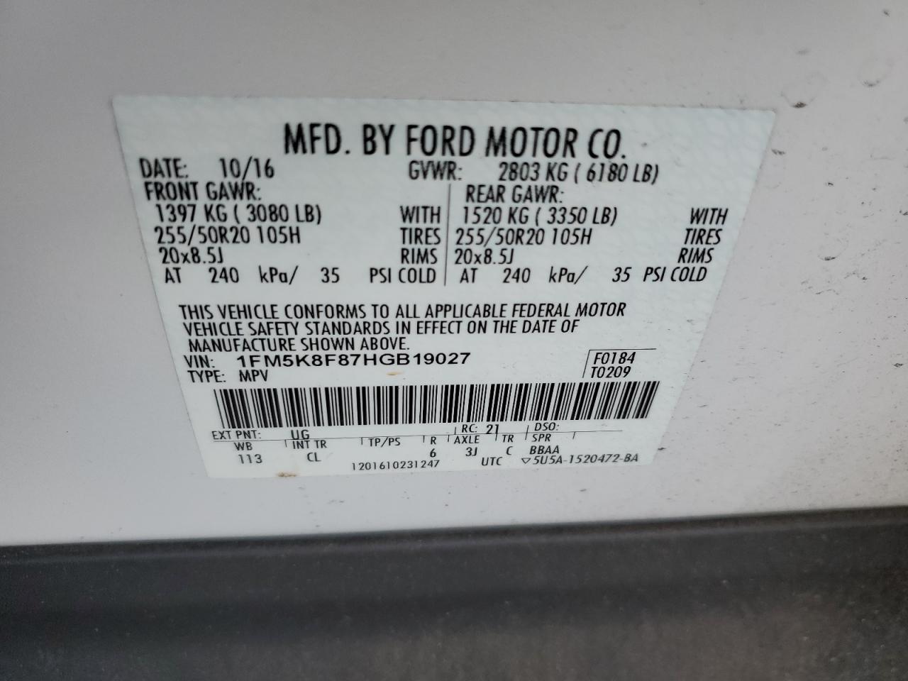 1FM5K8F87HGB19027 FORD EXPLORER 2017