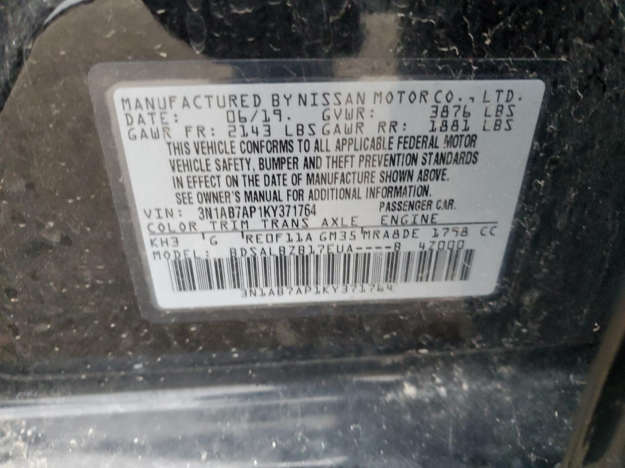 3N1AB7AP1KY371764 NISSAN SENTRA 2019