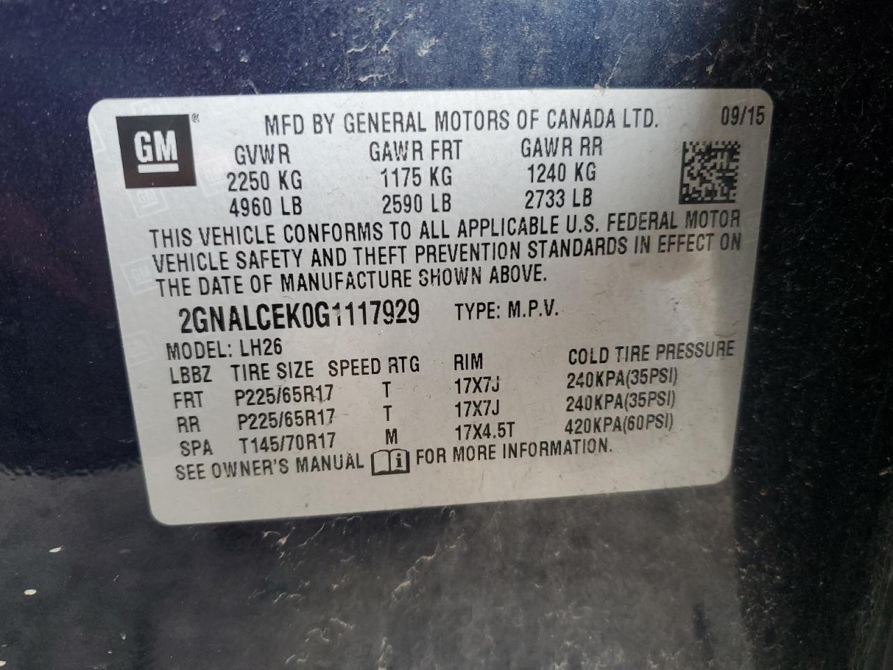 2016 Chevrolet Equinox Lt VIN: 2GNALCEK0G1117929 Lot: 91317935