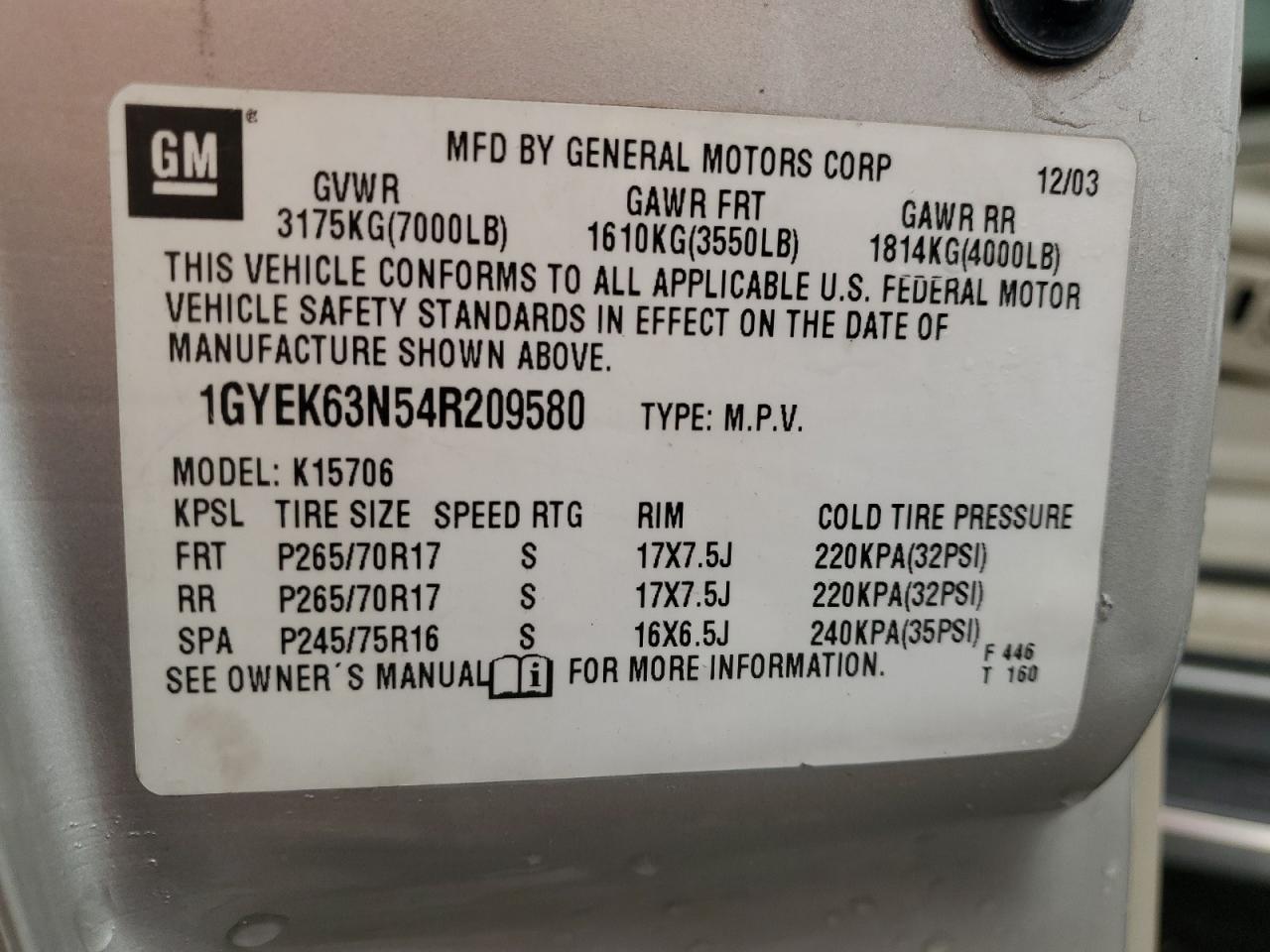 2004 Cadillac Escalade Luxury VIN: 1GYEK63N54R209580 Lot: 49818065