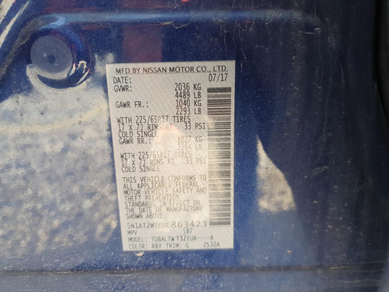 5N1AT2MTXHC863423 NISSAN ROGUE 2017