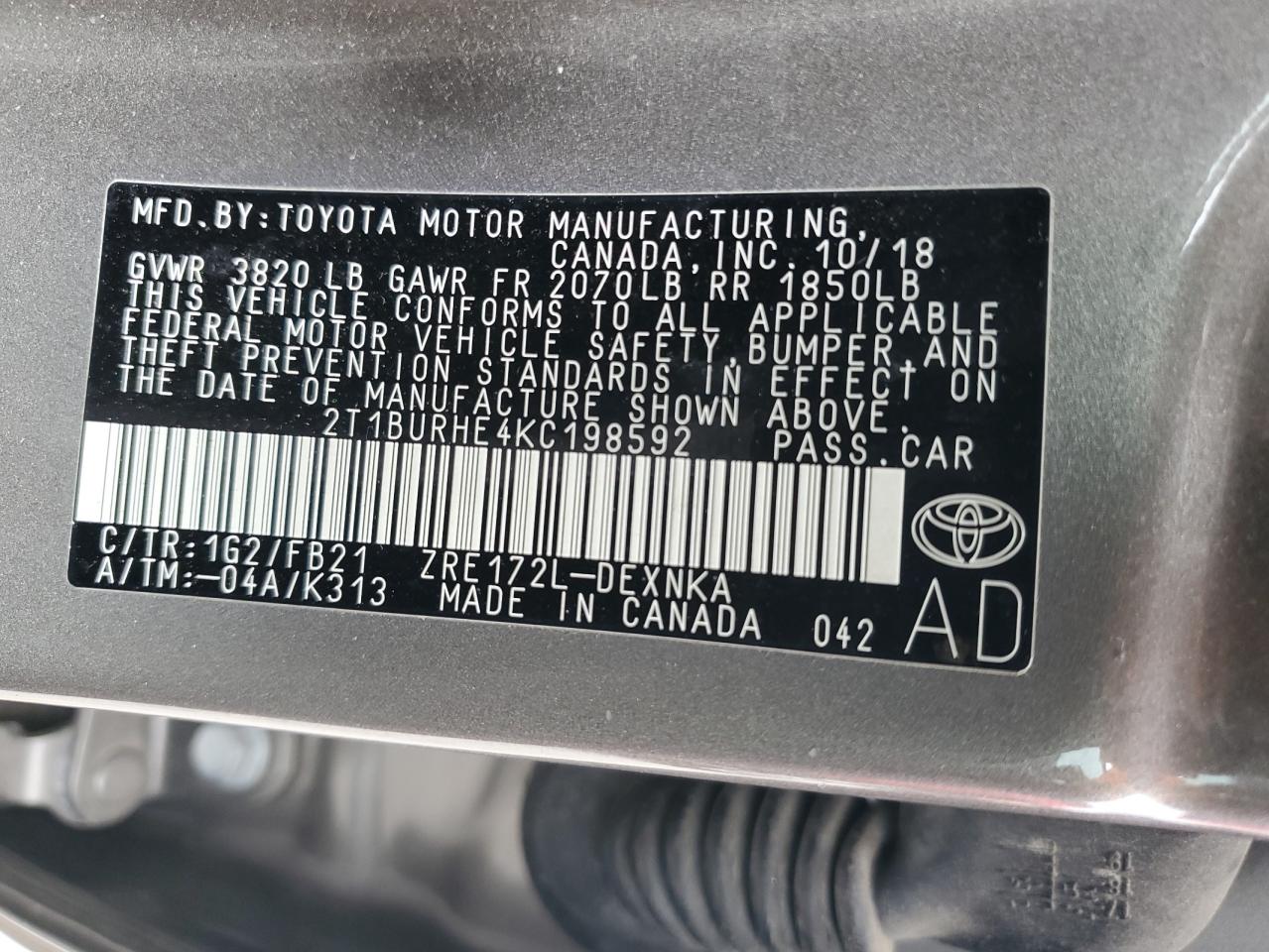 2019 Toyota Corolla L VIN: 2T1BURHE4KC198592 Lot: 50993355